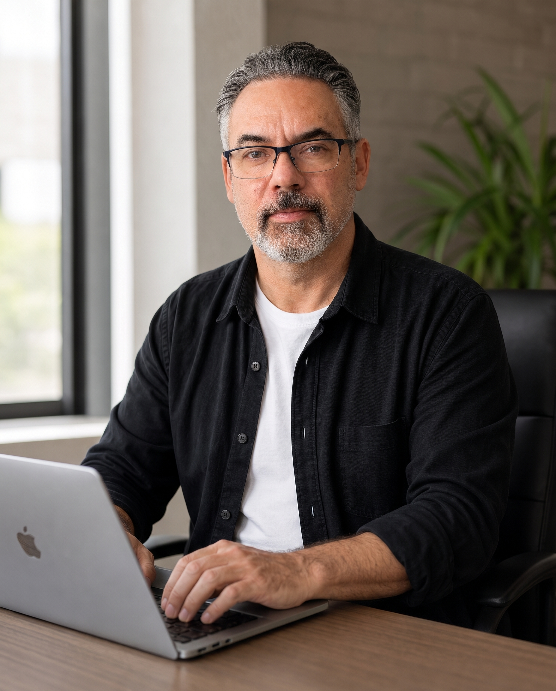 Robert M. Stanley working thoughtfully at a MacBook