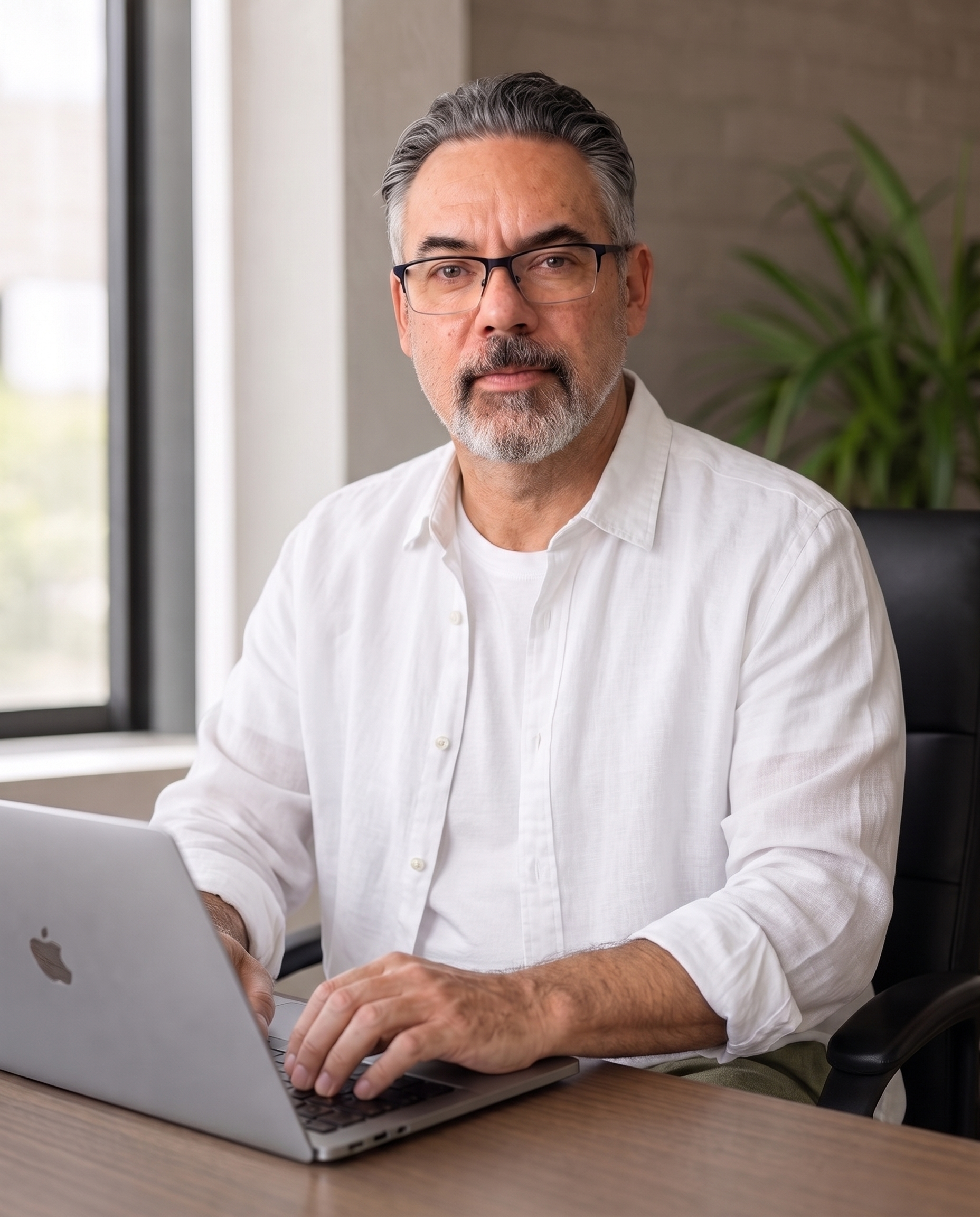 Robert M. Stanley working thoughtfully at a MacBook